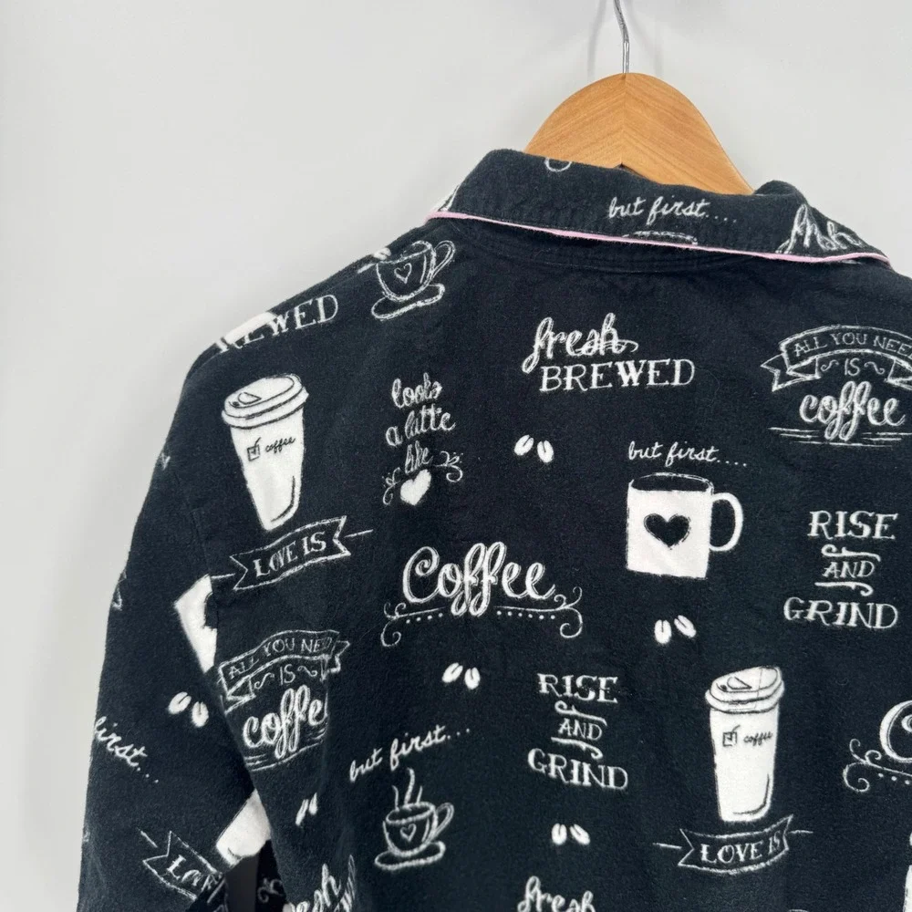 PJ Salvage Pajama Set Women S Black Coffee Print Flannel Button Front Pants - Picture 7 of 12